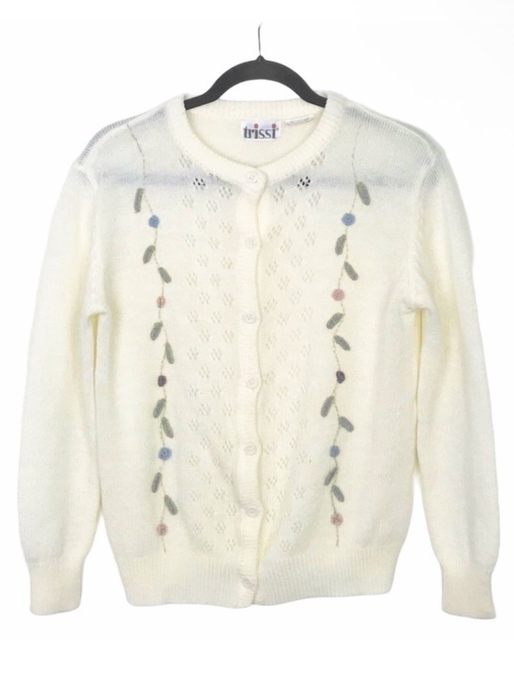 Vintage Trissi Ivory Floral Eyelet Knit Cardigan